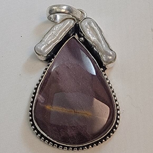 Necklace Pendants Mookaite Jasper & Biwa Pearl Handmade Jewelry Sterling Silver - Picture 1 of 10